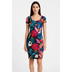 VIA7 - Vestido corto manga corta estampado tropical