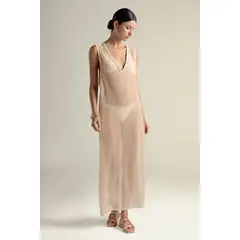TOUCHE BALNEAIRE - Cover up largo en malla color beige 0A95B61