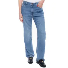 COLOR BLUE - Medium Waist Wide Leg Jeans Tono Medio