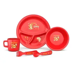 CORCHITO - Set Vajilla Bebes Niños 5 Piezas Plato Cubiertos Roja