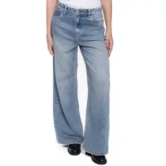 COLOR BLUE - Medium Waist Wide Leg Jeans Tono Medio Con Desgastes