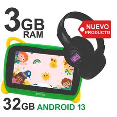 KRONO - Tablet Niños KIDS PLUS + Diadema Bluetooth Android 13 3GB RAM 32GB Verde