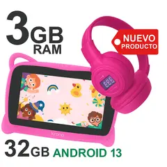 KRONO - Tablet Niños KIDS PLUS + Diadema Bluetooth Android 13 3GB RAM 32GB ROSADO