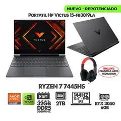 HP - PORTATIL VICTUS RYZEN 7- 15.6" FHD 144HZ- RTX 3050 6GB- RAM 32GB DDR5 SSD 2TB + DIADEMAS REDRAGON