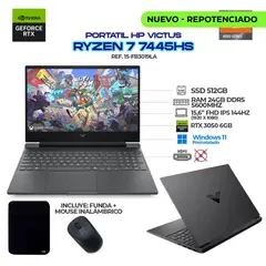 HP - PORTÁTIL VICTUS/ AMD RYZEN 7 7445HS / RTX 3050 6GB / 24GB DDR5 / 512GB SSD / 15.6”+ FUNDA Y MOUSE