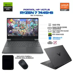 HP - PORTÁTIL VICTUS/ AMD RYZEN 7 7445HS / RTX 3050 6GB / 32GB DDR5 / 1TB SSD / 15.6”+ FUNDA Y MOUSE