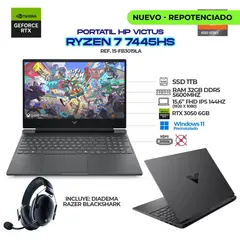 HP - PORTÁTIL VICTUS / AMD RYZEN 7 7445HS / RTX 3050 6GB / 32GB / 1TB SSD / 15.6” FHD+DIADEMAS RAZER