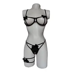 TEMPTATIONS - Conjunto Ropa interior Lencería Erótica Sexy Negro Tanga Hilo