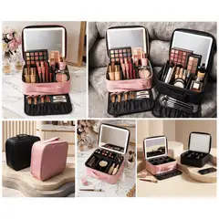 GENERICO - Estuche de Maquillaje Organizador con Espejo LED Portátil Profesional Negro y Rosado