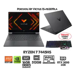 HP - PORTATIL GAMER VICTUS RYZEN 7 7445HS- 15.6" 144HZ- RTX 3050 - RAM 16GB DDR5 SSD 512GB + COMBO GAMER