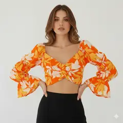 FRIOLENTA - Blusa flores Croptop naranja