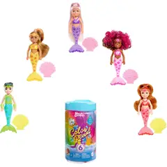 BARBIE - Chelsea Muñeca Color Reveal Serie Sirena con 6 Sorpresas