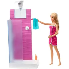BARBIE - Muñeca y Muebles Baño con Ducha Funcional Set Incluido