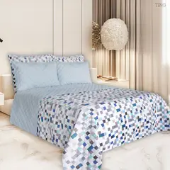 BALI - Colcha Doble Faz para Cama Doble 215×240 + Funda 50×75 Diseño Cuadros Azules Polialgodón