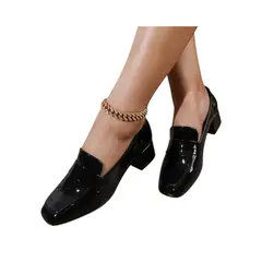 NACIONAL - Tacones Mocasin de Charol Mujer Elegantes Tacón Bajo Negro