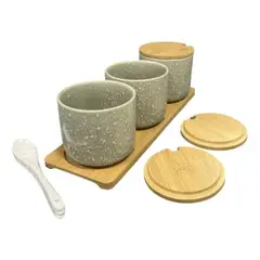 OEM - Set 3 Frascos de Cocina con Tapas de Bambú y Base de Madera - Especieros, Azucareros Decorativos