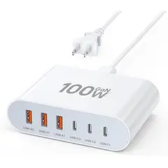 GENERICO - Cargador Rápido Usb C 100w Gan 6 puertos (3 Usb C y 3 Usb A) Estación de carga