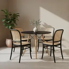 GENERICO - Juego Comedor Entre Nos Home Serena 4 Puestos Mesa Redonda Negra y Sillas Estilo Ratán
