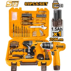 INGCO - Combo 89 Piezas 1 Taladro M3/8 12V Rotacion + 1 Batería 12V HKTHP10891