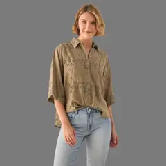 ESPRIT - Camisa para Dama Bordada Floral Blusa Mujer Elegante