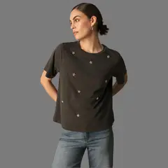 ESPRIT - Camiseta para Dama Negra Blusa Mujer Detalles Dorados