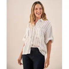 ESPRIT - Camisa para Dama Blanca y Rayas Blusa Mujer Manga 3-4