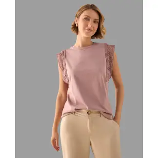 ESPRIT - Camiseta Dama con Encaje Blusa Mujer Básica Elegante