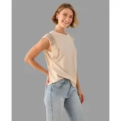 ESPRIT - Camiseta Dama con Encaje Blusa Mujer Básica Elegante