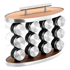GENERICO - Especiero Condimentero Set 12 Frascos Acero Madera Cocina