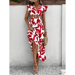 YOGA & GYM - Vestido Con Estampado De Plantas De Manga Mariposa Vinculado Con Aro