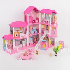 JUGUETERIA EXPRESS - Casa de Muñecas Grande 3 Pisos con Muebles y Muñecas Casa Infantil 67x48 cm Rosa
