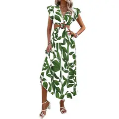 YOGA & GYM - Vestido Con Estampado De Plantas De Manga Mariposa Vinculado Con Aro