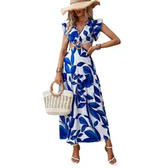 YOGA & GYM - Vestido Con Estampado De Plantas De Manga Mariposa Vinculado Con Aro