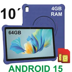 KRONO - Tablet 10” 4GB RAM 8GB Virtual Niños 64GB Doble SIM 13MP 5000mAh + Funda Silicona Infantil AZUL