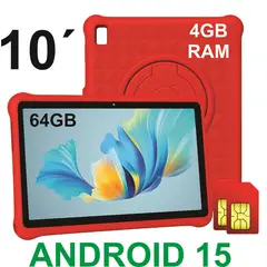 KRONO - Tablet 10” Niños 4GB RAM 8GB Virtual 64GB Doble SIM 13MP ANDROID 15 + Funda Silicona Infantil ROJO
