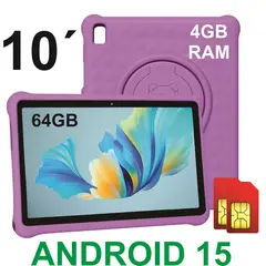 KRONO - Tablet 10” Niños 4GB RAM 8GB Virtual 64GB Doble SIM 13MP ANDROID 15 + Funda Silicona Infantil MORADO