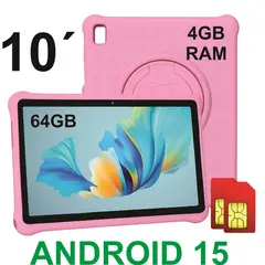 KRONO - Tablet 10” Niños 4GB RAM 8GB Virtual 64GB Doble SIM 13MP ANDROID 15 + Funda Silicona Infantil ROSADO