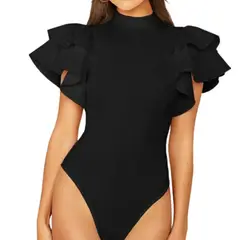 VIA7 - Bodysuit Negro de Cuello Alto con Mangas de Volantes - Estilo Sofisticado