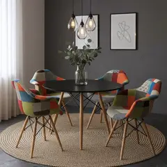 GENERICO - Comedor Arcoíris 4 Puestos Redondo Vidrio y Sillas Patchwork