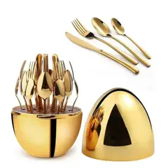 OEM - Juego de Cubiertos Acero Inoxidable 24 Piezas con Estuche Huevo Dorado