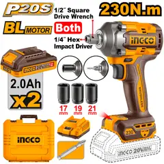 INGCO - Llave de Impacto Inalambrico y Atornillador 1/4 2 en 1 20V 2.0amp 230nm UCIWLI20236