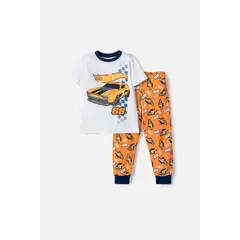 HOT WHEELS - Pijama con pantalón largo blanco y naranja para niño 2T a 6T
