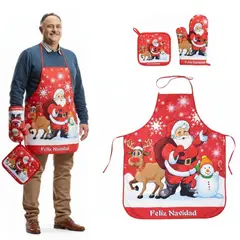 CHINA GLAZE - Set de delantal navideño x3 ideal para cocina Diseño Reno Santa y Muñeco de nieve