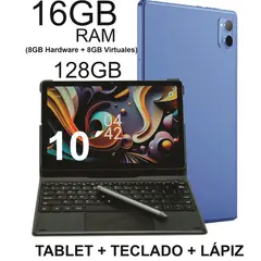 KRONO - Tablet 10 Pulgadas 16GB RAM (8+8) 128GB Android con Teclado y Lápiz Óptico AZUL