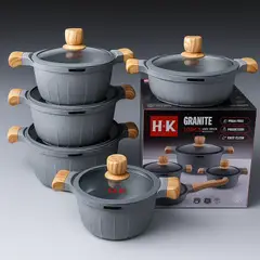 HOME - Set Ollas de Granito Marmol Antiadherente 10 Piezas Grises Premium Tapa de Vidrio Fondo de Inducción