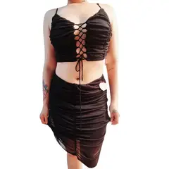 VIA7 - Conjunto de Top Corsé y Mini Falda Drapeada Ajustable