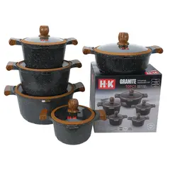 HOME - Set Ollas de Granito Marmol Antiadherente 10 Piezas Negro Premium Tapa de Vidrio Fondo de Inducción