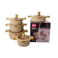 HOME - Set Ollas de Granito Marmol Antiadherente 10 Piezas Beish Premium Tapa de Vidrio Fondo de Inducción