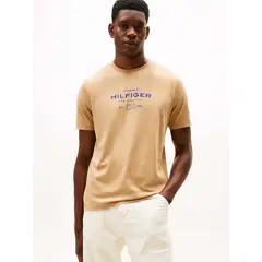 TOMMY HILFIGER - Camiseta marrón de cuello redondo con logo