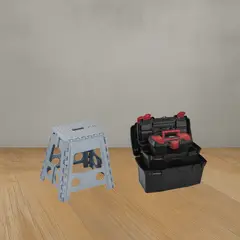 RIMAX - Combo Organizador (1 Butaco Plegable Grande Gris + Combo Caja Herramientas 19" + 16" + 11" Apilable Negra)